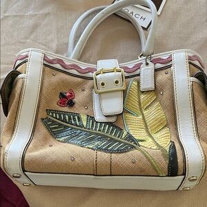 Coach Tan and White Satchel with Leaf Embroidery